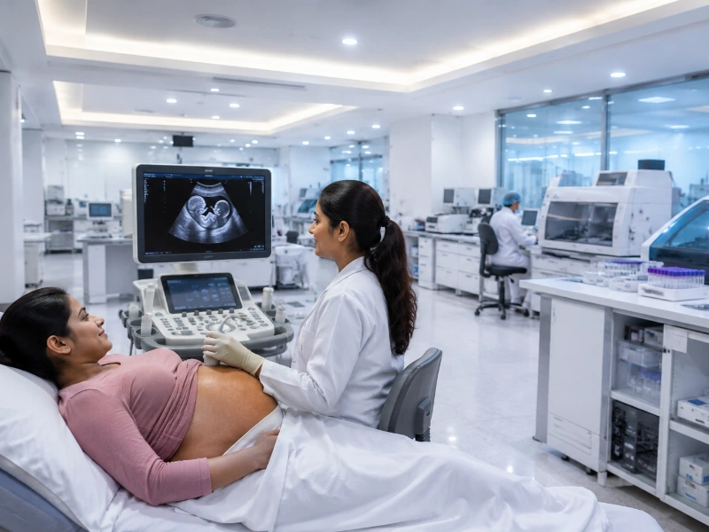 Advanced high-resolution pregnancy ultrasound machine performing a precision antenatal scan to evaluate fetal growth milestones
